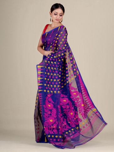 Blue and Multicolor Silk Cotton handwoven soft Jamdani saree 1