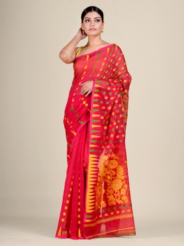 Red and Multicolor Silk Cotton handwoven soft Jamdani saree