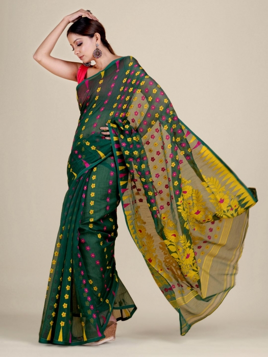 Green and Multicolor Silk Cotton handwoven soft Jamdani saree 1