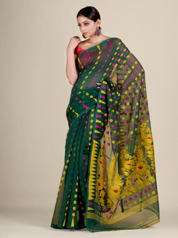 Green and Multicolor Silk Cotton handwoven soft Jamdani saree 0