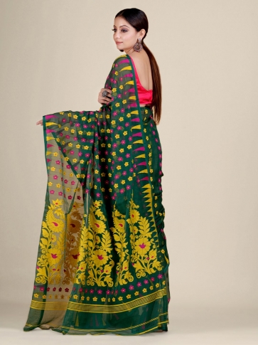 Green and Multicolor Silk Cotton handwoven soft Jamdani saree 2