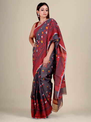 Grey and Multicolor Silk Cotton handwoven soft Jamdani saree 0