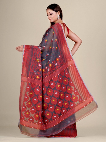 Grey and Multicolor Silk Cotton handwoven soft Jamdani saree 2