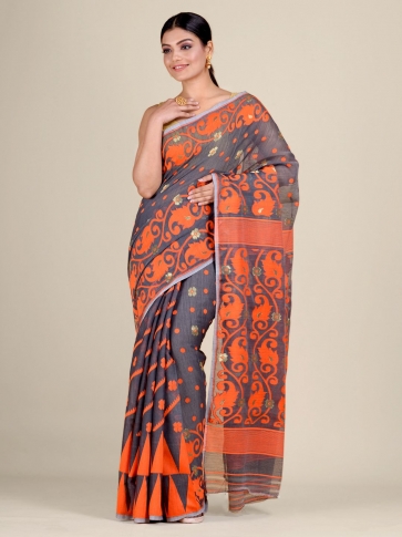 Grey and Orange Silk Cotton handwoven soft Jamdani saree 1