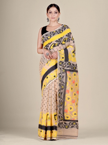 Beige and Multicolor Silk Cotton handwoven soft Jamdani saree