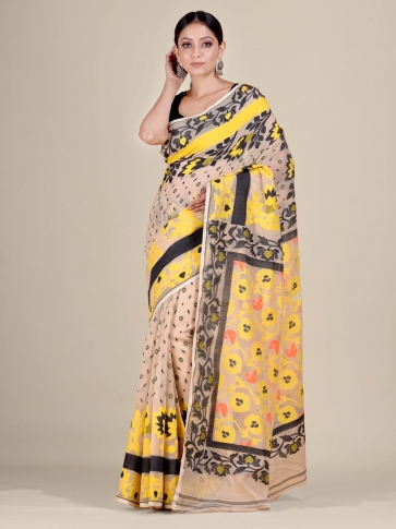 Beige and Multicolor Silk Cotton handwoven soft Jamdani saree 0