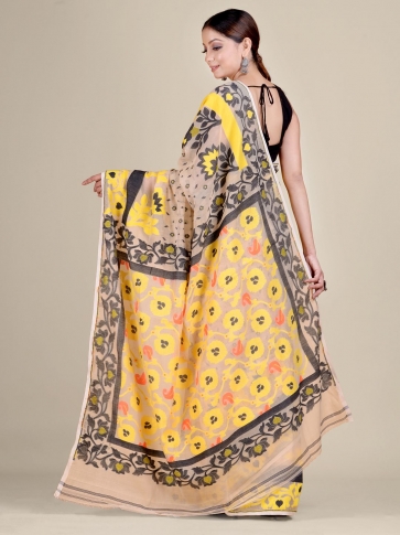 Beige and Multicolor Silk Cotton handwoven soft Jamdani saree 2