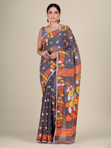 Grey and Orange Silk Cotton handwoven soft Jamdani saree
