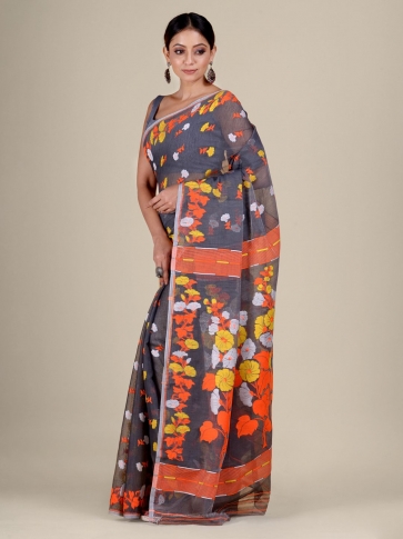 Grey and Orange Silk Cotton handwoven soft Jamdani saree 1