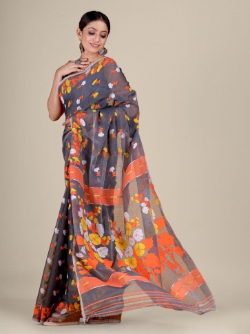Grey and Orange Silk Cotton handwoven soft Jamdani saree 0