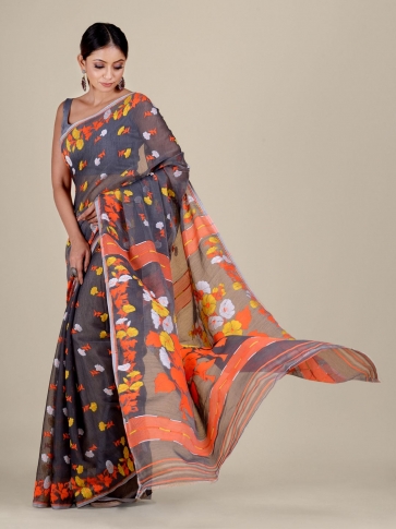 Grey and Orange Silk Cotton handwoven soft Jamdani saree 2