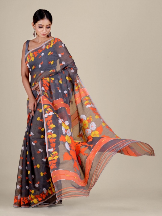 Grey and Orange Silk Cotton handwoven soft Jamdani saree 2
