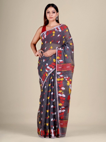 Grey and Red Silk Cotton handwoven soft Jamdani saree