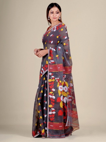 Grey and Red Silk Cotton handwoven soft Jamdani saree 1