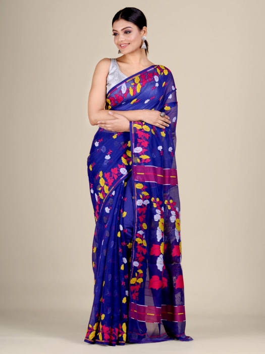 Blue and Multicolor Silk Cotton handwoven soft Jamdani saree