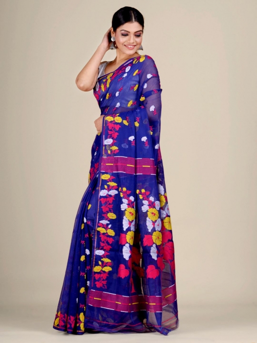 Blue and Multicolor Silk Cotton handwoven soft Jamdani saree 0