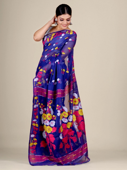 Blue and Multicolor Silk Cotton handwoven soft Jamdani saree 1