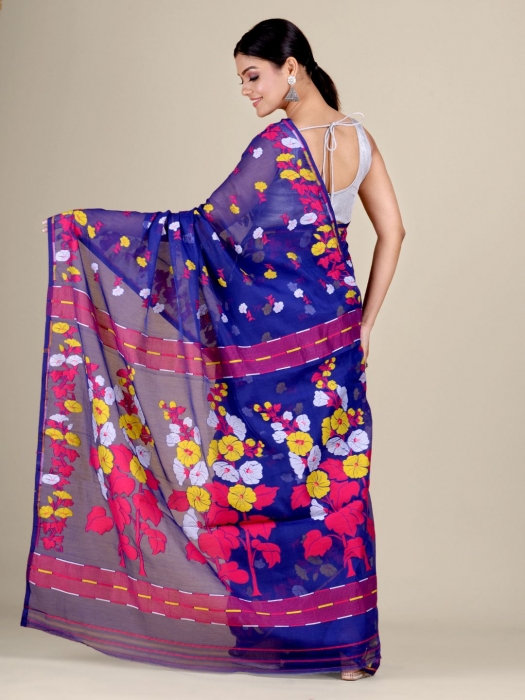 Blue and Multicolor Silk Cotton handwoven soft Jamdani saree 2