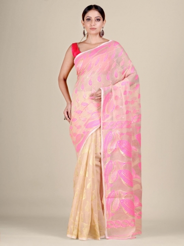 Beige and Pink Silk Cotton handwoven soft Jamdani saree with fish motiff in pallu 1