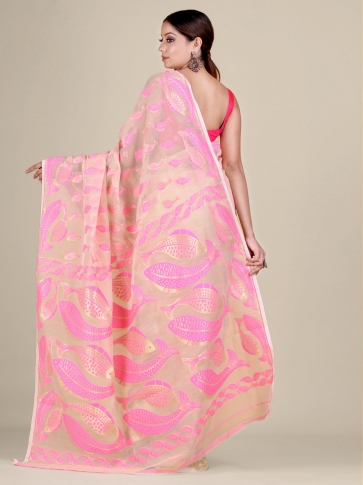 Beige and Pink Silk Cotton handwoven soft Jamdani saree with fish motiff in pallu 2