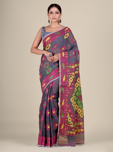 Grey and Multicolor Silk Cotton handwoven soft Jamdani saree with floral weaving