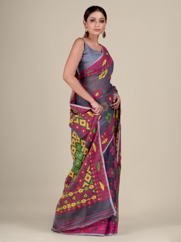 Grey and Multicolor Silk Cotton handwoven soft Jamdani saree with floral weaving 1