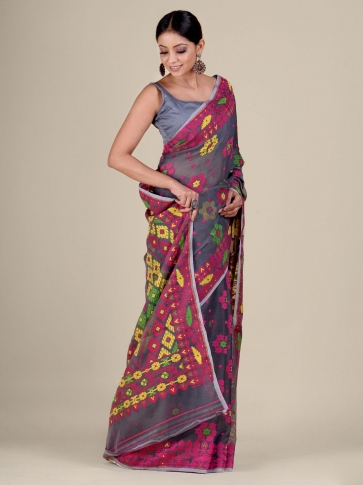 Grey and Multicolor Silk Cotton handwoven soft Jamdani saree with floral weaving 2