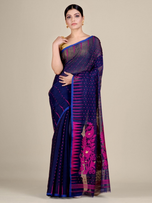 Blue and Pink Silk Cotton handwoven soft Jamdani saree 0
