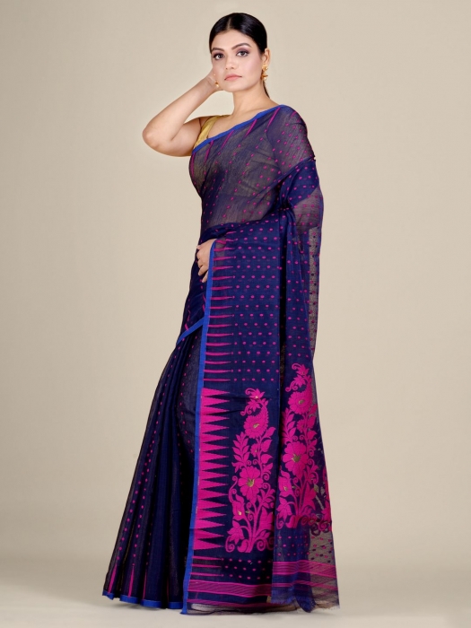 Blue and Pink Silk Cotton handwoven soft Jamdani saree