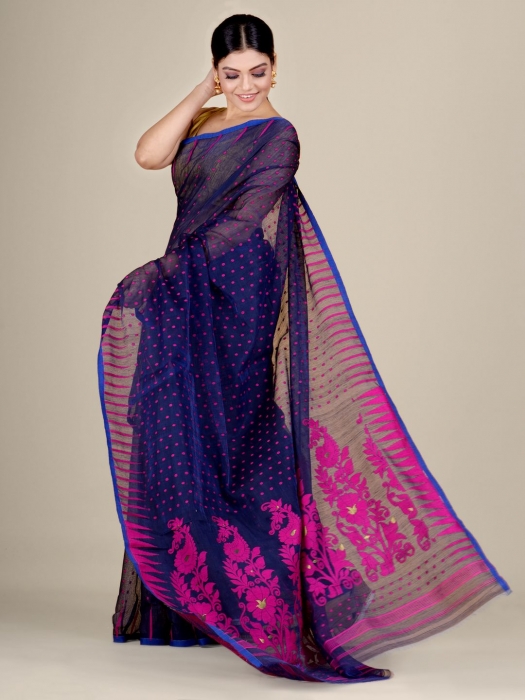 Blue and Pink Silk Cotton handwoven soft Jamdani saree 1