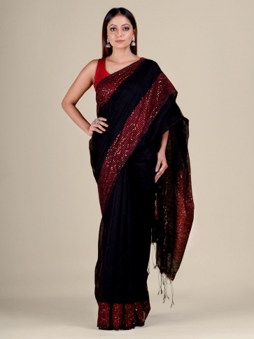 Black Silk Matka handwoven saree with sequiens