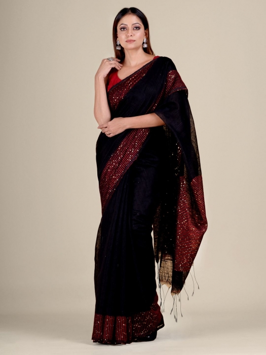 Black Silk Matka handwoven saree with sequiens 0