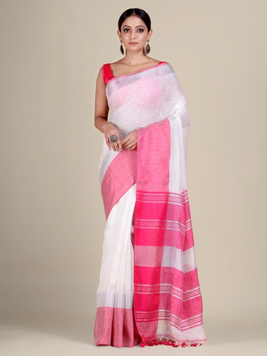 White and Pink Linen handwoven saree 0