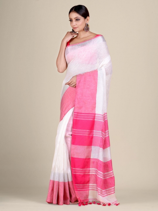 White and Pink Linen handwoven saree 1