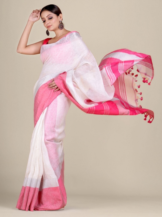 White and Pink Linen handwoven saree