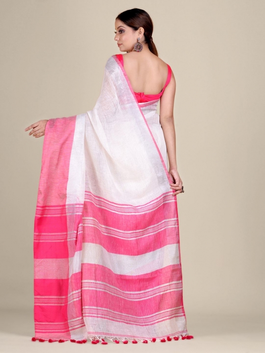 White and Pink Linen handwoven saree 2