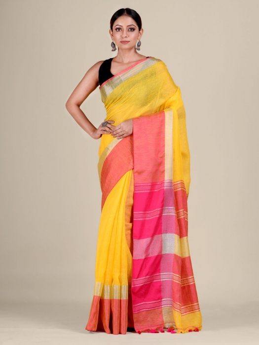 Yellow and Pink Linen handwoven saree 0