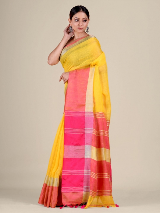 Yellow and Pink Linen handwoven saree 1