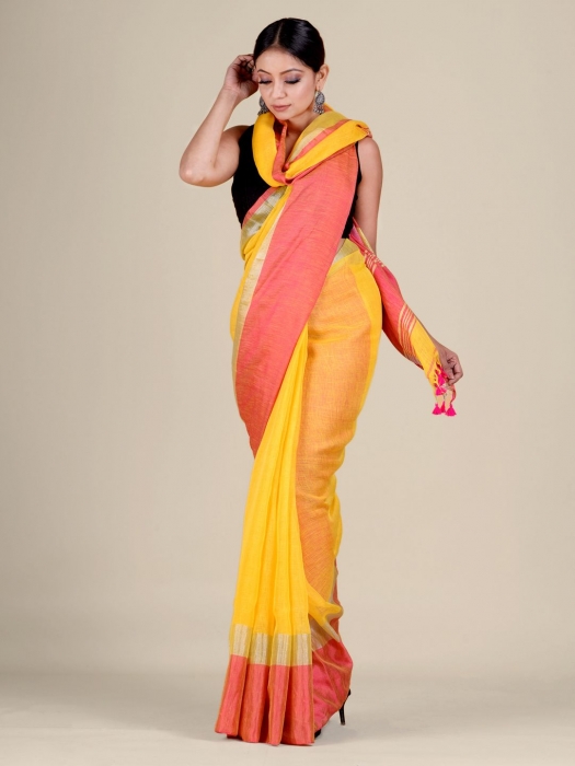 Yellow and Pink Linen handwoven saree