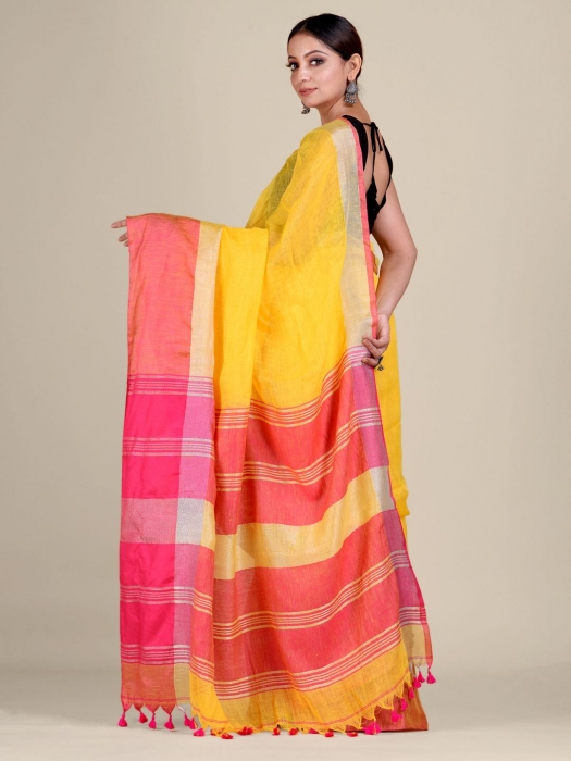 Yellow and Pink Linen handwoven saree 2