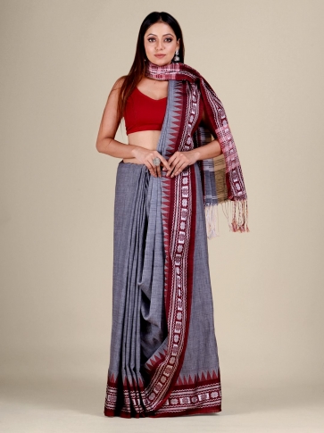 Grey Cotton handwocen soft saree with temple border