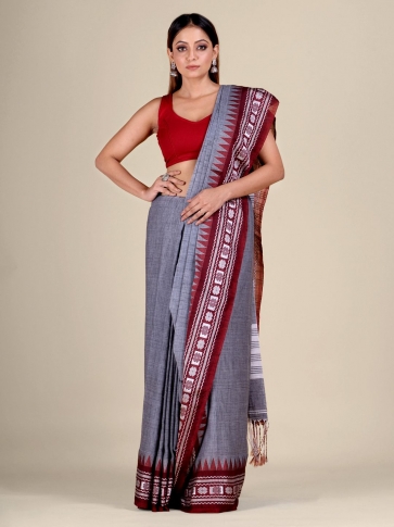 Grey Cotton handwocen soft saree with temple border 1