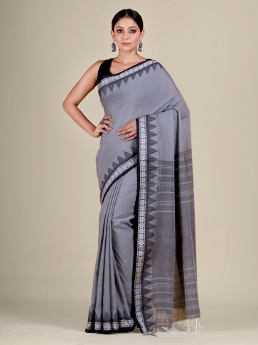 Grey Cotton handwocen soft saree with temple border