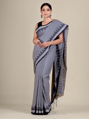 Grey Cotton handwocen soft saree with temple border 0