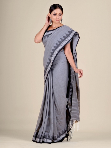 Grey Cotton handwocen soft saree with temple border 2