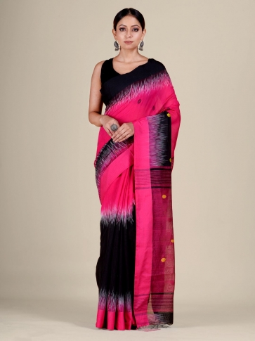 Pink and Black Blended Cotton handwoven soft saree with Ikkat design