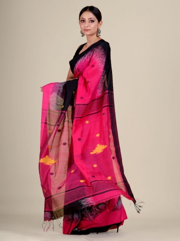 Pink and Black Blended Cotton handwoven soft saree with Ikkat design 2