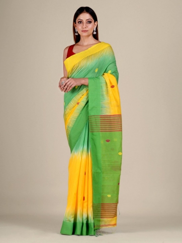 Green and Yellow Blended Cotton handwoven soft saree with Ikkat design