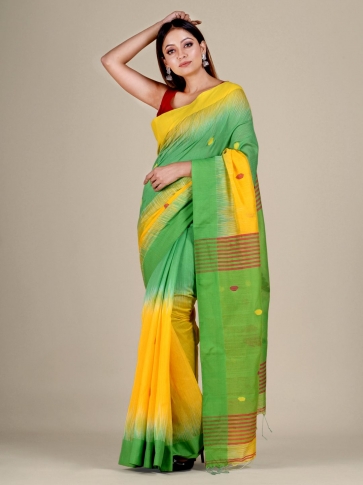 Green and Yellow Blended Cotton handwoven soft saree with Ikkat design 0