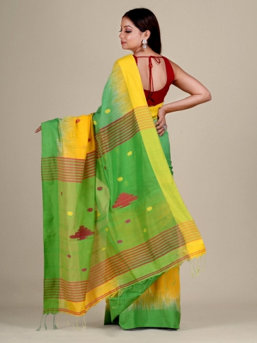 Green and Yellow Blended Cotton handwoven soft saree with Ikkat design 2